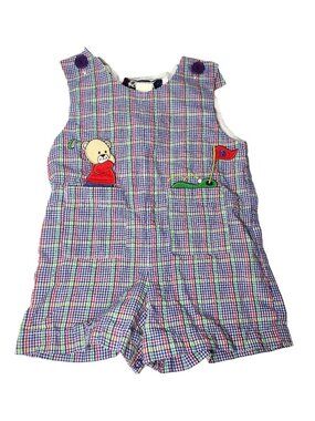 Samara 80s Infant Seersucker Golf Bear Romper 6-12mo Embroidered Vintage Plaid